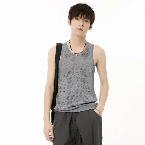 Load image into Gallery viewer, Fashion Men&#39;s Tank Tops Hollow Out Kintting T-shirt O-neck Sleeveless Casual Tee Solid Color Summer Korean Style 9C6577
