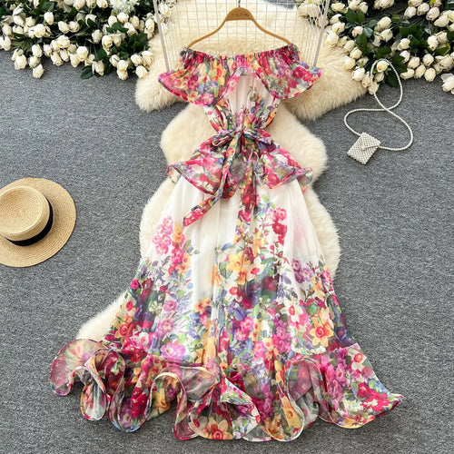 Load image into Gallery viewer, French Retro Women's Pink Green Print Elegant Off Shoulder Princess Dresses Spring Slim Lace-up Ruffles Evening Party Dress Boho
