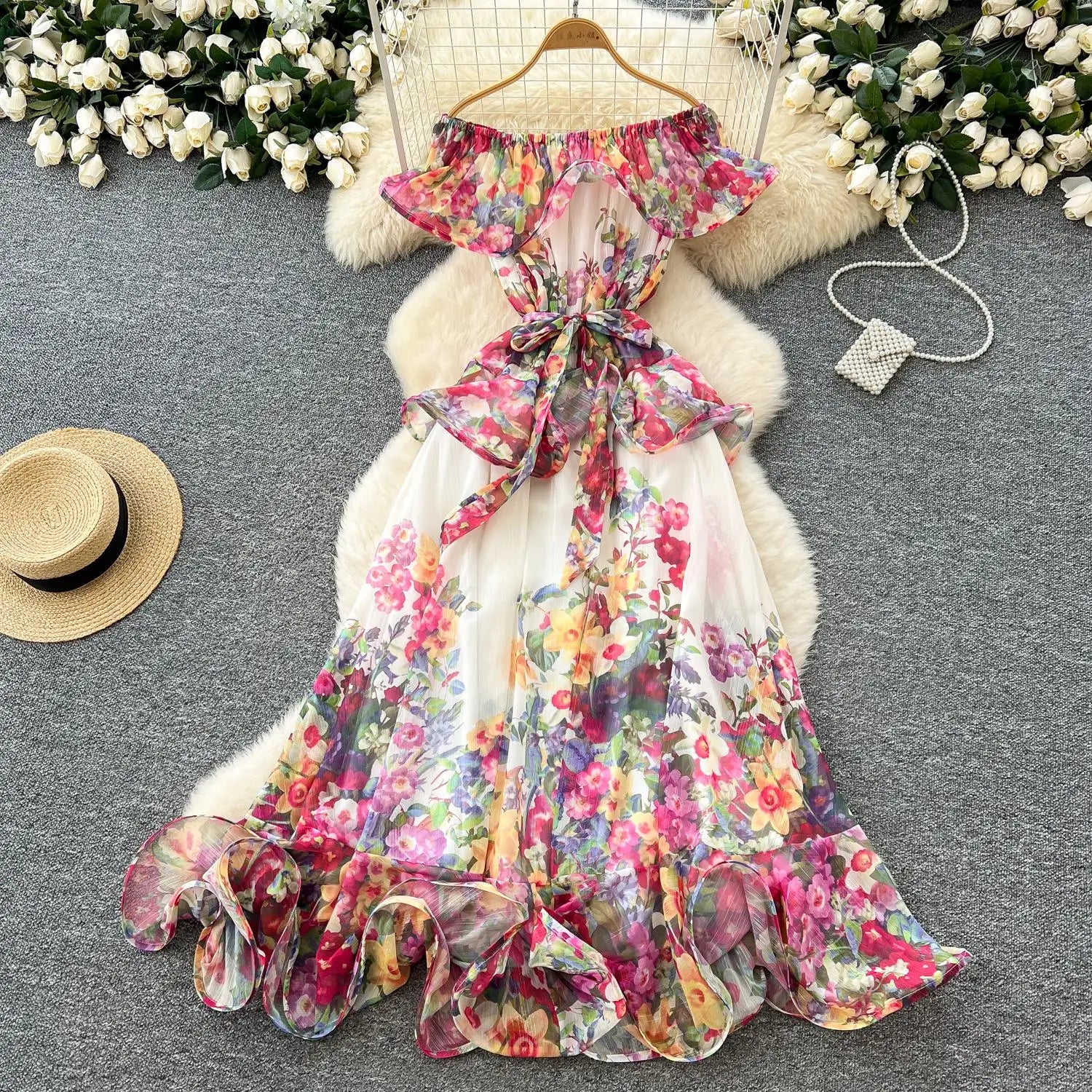 French Retro Women's Pink Green Print Elegant Off Shoulder Princess Dresses Spring Slim Lace-up Ruffles Evening Party Dress Boho
