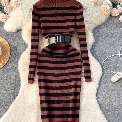 Load image into Gallery viewer, Autumn Winter Patchwork Stripe Knit Long Dress Female Fashion Medium Length High Neck Warm Loose Slim Sweater Dress Women French
