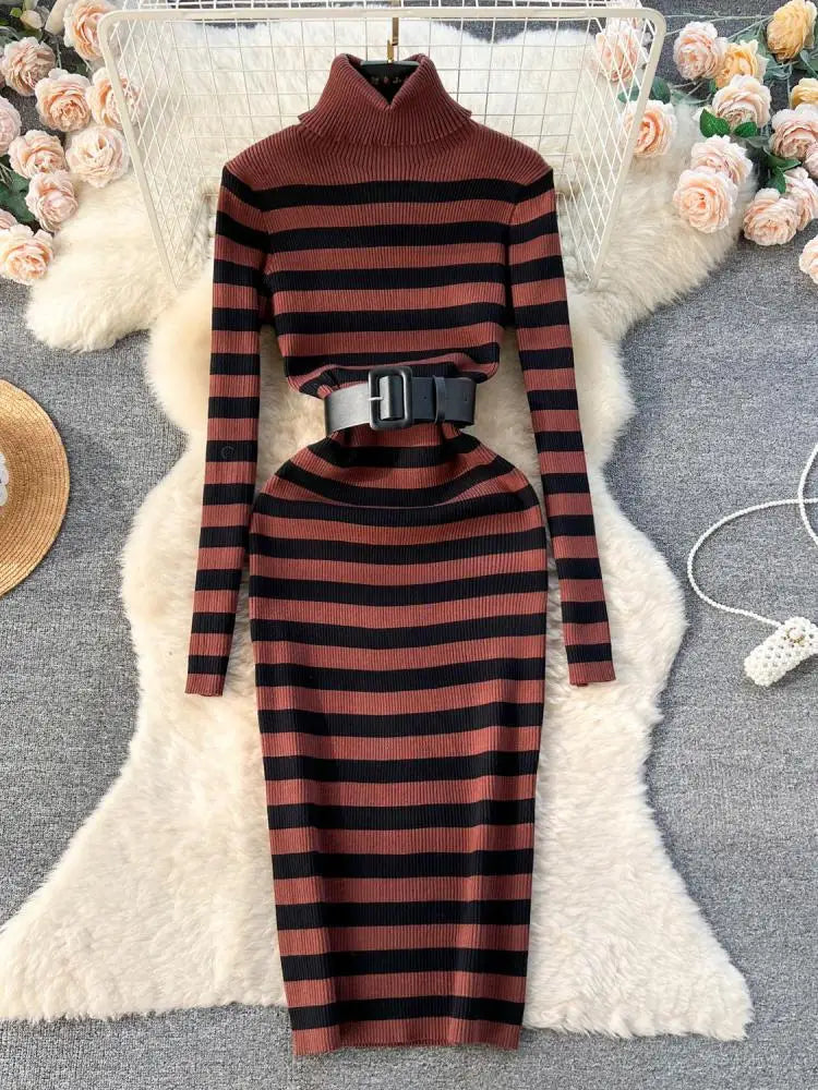 Autumn Winter Patchwork Stripe Knit Long Dress Female Fashion Medium Length High Neck Warm Loose Slim Sweater Dress Women French