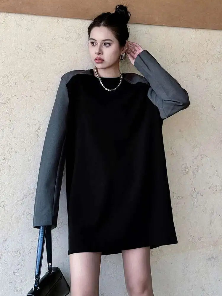 Women Black Color-block Blazer Fabric Elegant Mini Dress New Round Neck Long Sleeve Fashion Spring Autumn 2025 1DH9822