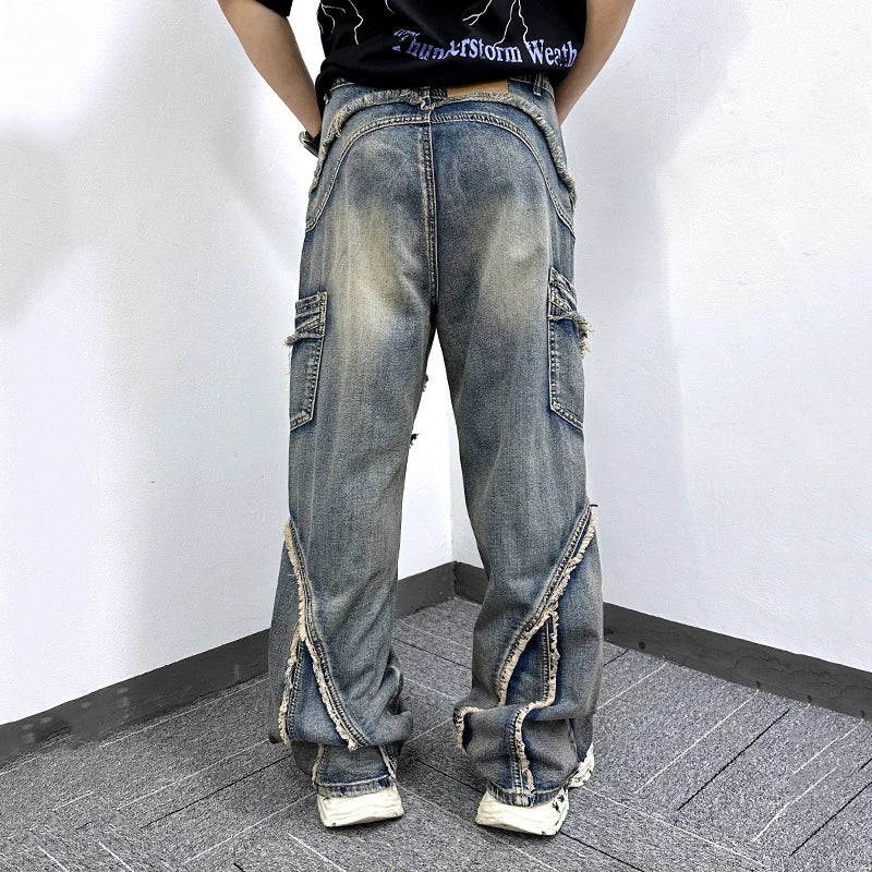 Male Jeans Summer New American High Street Edge Design Splicing Trendy Straight Leg Casual Patchwork Men's Pants 9W1866