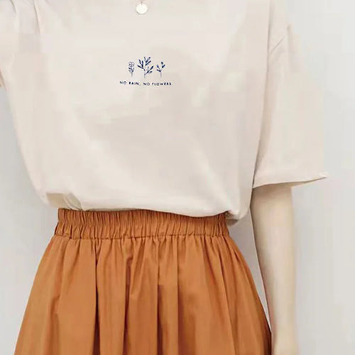 Load image into Gallery viewer, Korean Style Round Neck T-shirt Women's Summer Loose Fit Plant Printing Casual Solid Color Short Sleeves Top For Students
