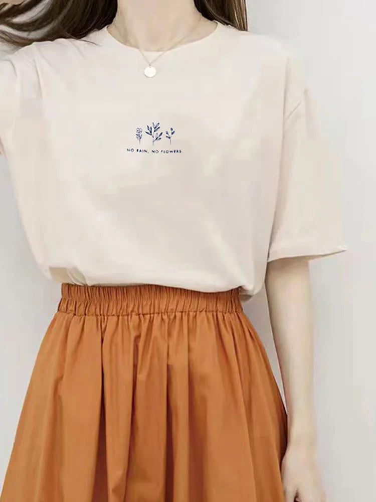 Korean Style Round Neck T-shirt Women's Summer Loose Fit Plant Printing Casual Solid Color Short Sleeves Top For Students