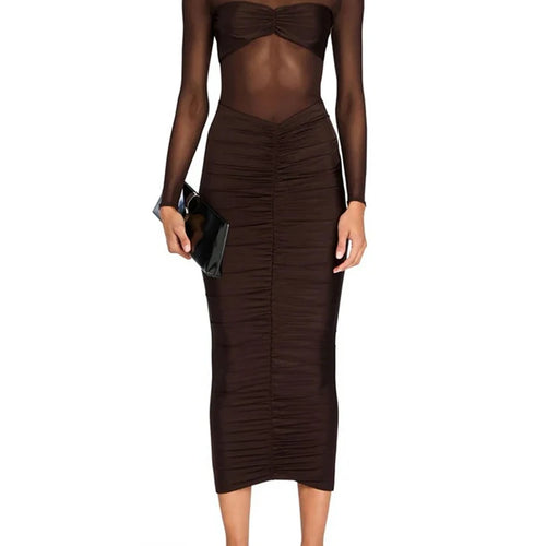 Load image into Gallery viewer, Sheer Long Sleeve Ruched Sexy Maxi Dress Women Fashion Half High Collar See Through Backless Bodycon Sexy Long Dress
