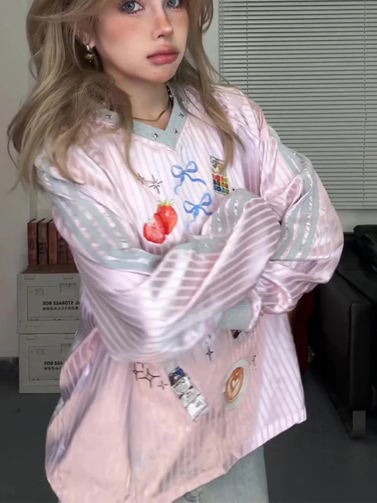 Oversized Printing Grunge T-shirt Women Y2k Aesthetics Rivet  Casual Tops Harajuku Fairycore 00s E-girl Cute Tshirt Fairy Tees