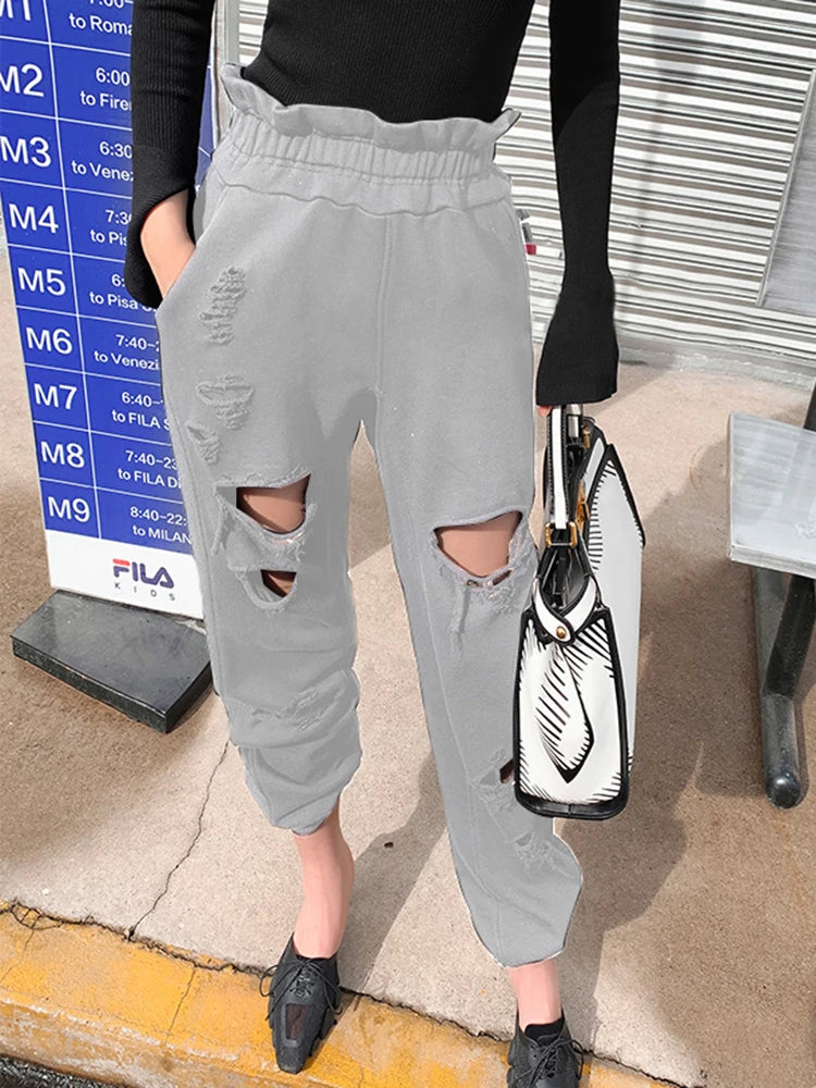 Hollow Out Trousers For Women High Waist Loose Patchwork Pocket Casual Straight Wide Leg Pants Female Fashion