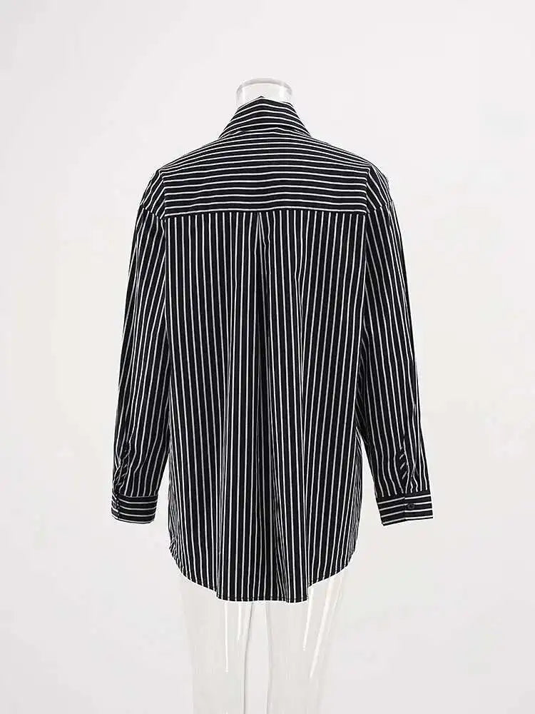 Women Black Striped Denim Spliced Big Size Blouse New Lapel Long Sleeve Shirt Fashion Tide Spring Autumn 2025 CP6A0001