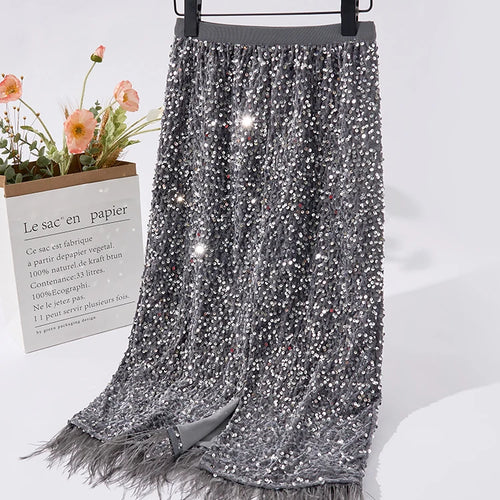 Load image into Gallery viewer, Women Black Sequined Feather Skirt Fall Winter Party Hip Skirt Slim Festival Female Chic Bottoms C-214
