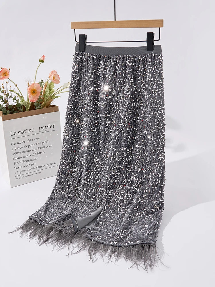 Women Black Sequined Feather Skirt Fall Winter Party Hip Skirt Slim Festival Female Chic Bottoms C-214