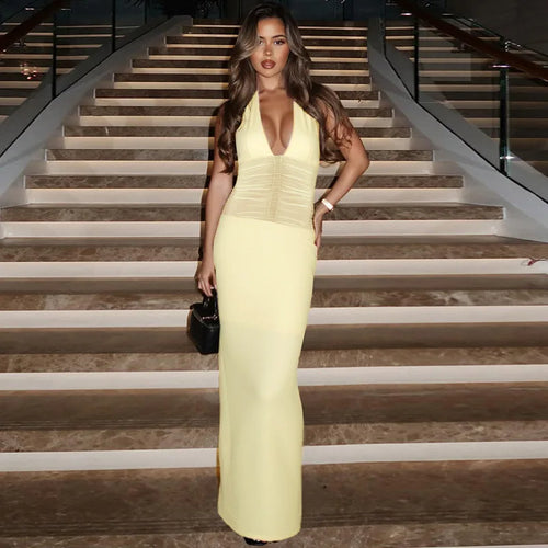 Load image into Gallery viewer, Mesh See Through Halter Sexy Maxi Dress Women Gown Fashion Deep V Neck Sleeveless Backless Bodycon Long Dress Elegant
