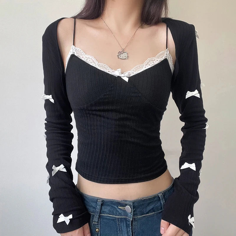 Fashion Chic Bow Female T-shirt 2 Pieces Set Korean Y2K Aesthetic Camis Top+Smock Kawaii Lace Trim Knit Long Sleeve
