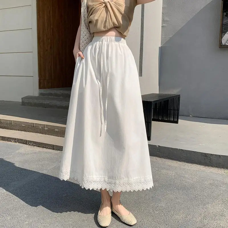 French Black White Patchwork Lace High Waist Vacation Pleated Long Skirt Spring Summe Women Retro Elegant Drawstring Party Skirt