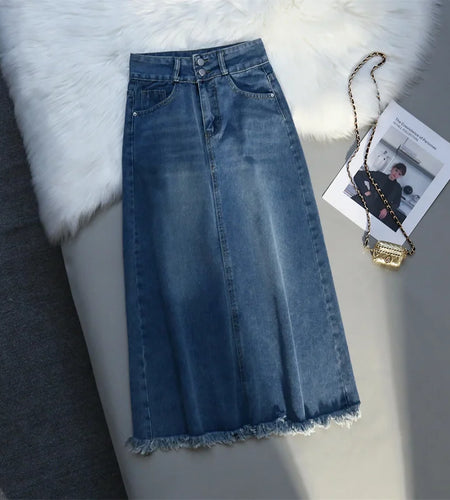 Spring Summer Women Skirts Vintage High Waist Split Jeans Skirt Y2k Long A-line Skirts Streetwear Casual