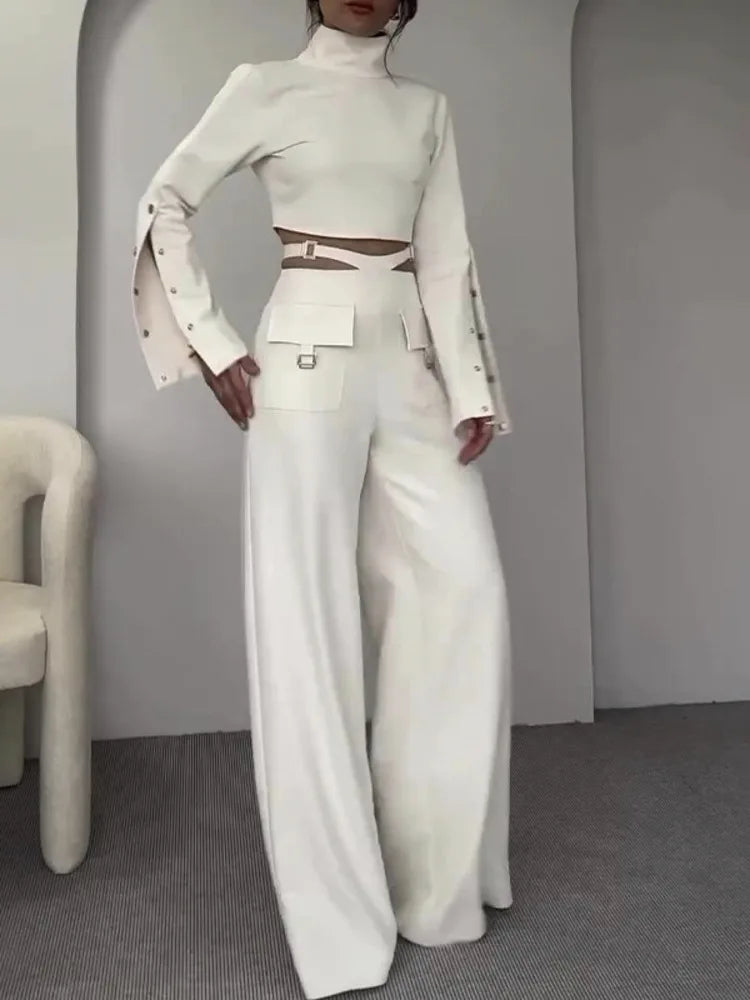 Fashion Button Long Pants Women Set New Stand Up Neck Long Sleeved Set Spicy Girl Strap Casual Set Street Two Piece Set