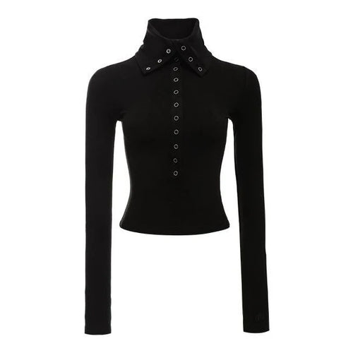 Load image into Gallery viewer, Y2k Aesthetic Vintage Solid Single Breasted Tops 2025 Streetwear Half High Collar Tshirts Women Grunge Harajuku Bodycon Tees
