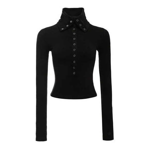 Y2k Aesthetic Vintage Solid Single Breasted Tops 2025 Streetwear Half High Collar Tshirts Women Grunge Harajuku Bodycon Tees