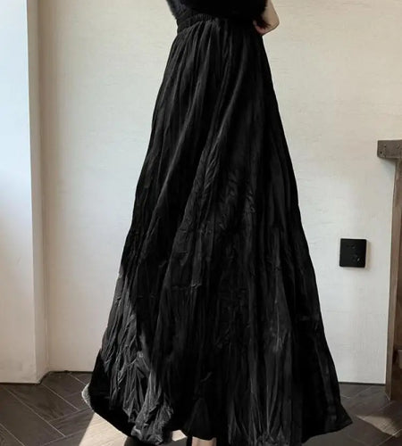 Autumn Winter Women's Black Red Elastic High Waist Velvet Skirt Korean Version Brown Elegant Vacation Party Pleated Long Skirts