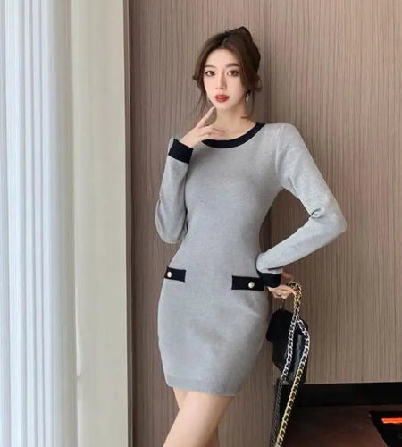 Retro Fashion Sexy Black Patchwork Wrap Hip Bodycon Short Dress Autumn Winter Gray Office Lady O-neck Knitted Party Mini Dresses