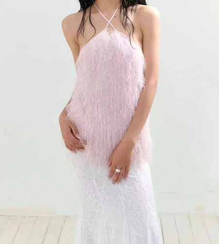 Solid Slimming Spliced Feathers Fashion Vests for Women Halter Sleeveless Backless Casual Vest Female Clothing New