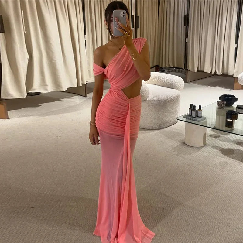 Sexy Sleeveless Hollow Out Pleated Patchwork Maxi Dress For Women High Waist Off-shoulder Slim Club Party Long Dress