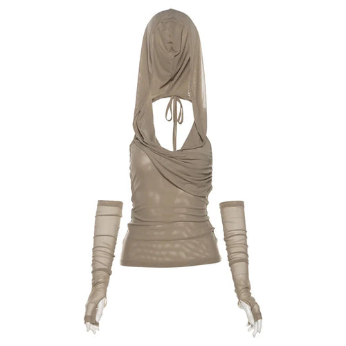 Load image into Gallery viewer, Y2k Aesthetic Sexy Streetwear Mesh Hooded Top Streetwear Sleeveless Bandage T-shirt Women Harajuku Solid Fairy Grunge Tee Shirts
