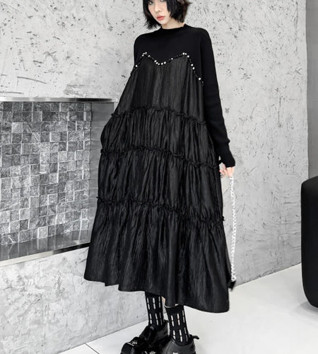 Women Black Knitting Beads Pleated Big Size Midi Dress New Round Neck Long Sleeve Fashion Tide Spring Autumn 2025 1DH9219