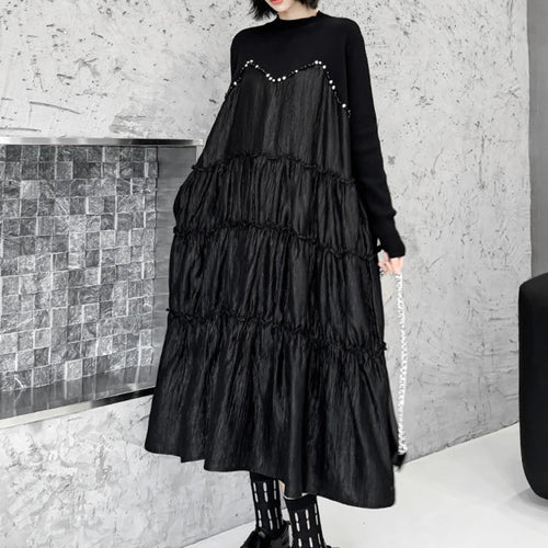 Load image into Gallery viewer, Women Black Knitting Beads Pleated Big Size Midi Dress New Round Neck Long Sleeve Fashion Tide Spring Autumn 2025 1DH9219
