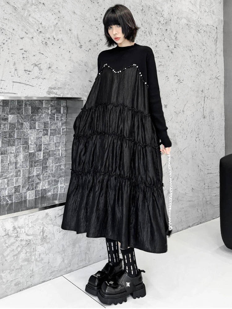 Women Black Knitting Beads Pleated Big Size Midi Dress New Round Neck Long Sleeve Fashion Tide Spring Autumn 2025 1DH9219
