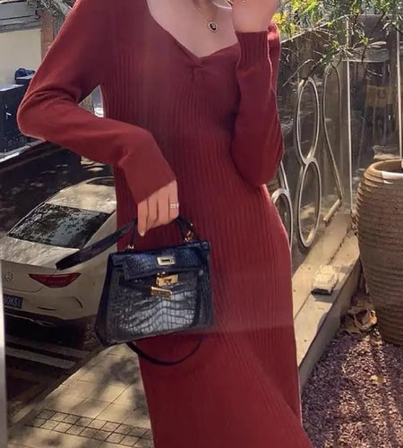 Vintage Solid Festival Slim Long Sleeve Square V Neck Midi Dress 2023 Fall Winter Evening Party Elegant Dress Simplicity Popular