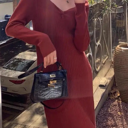 Load image into Gallery viewer, Vintage Solid Festival Slim Long Sleeve Square V Neck Midi Dress 2023 Fall Winter Evening Party Elegant Dress Simplicity Popular
