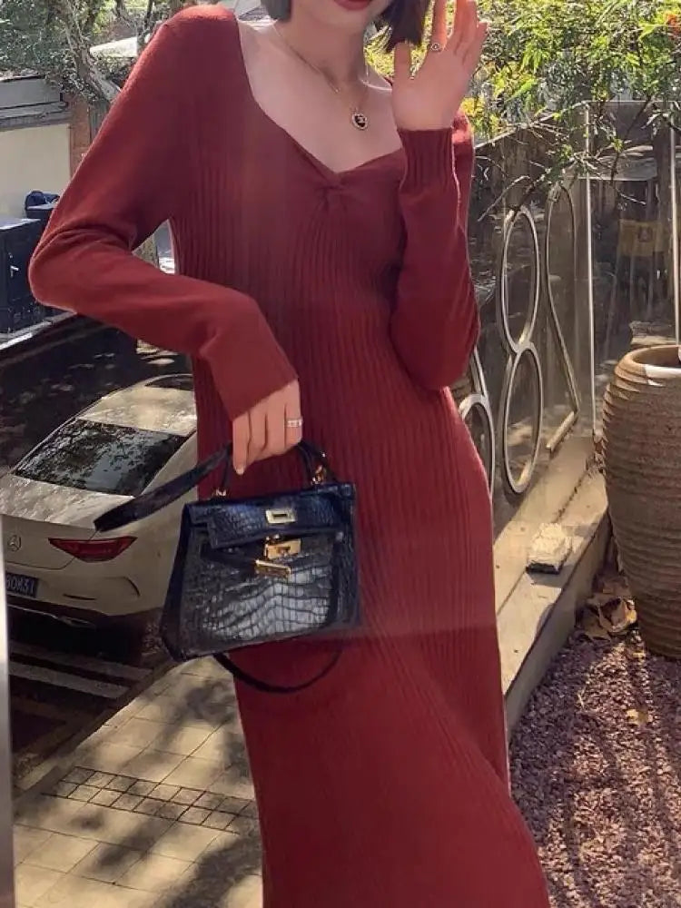 Vintage Solid Festival Slim Long Sleeve Square V Neck Midi Dress 2023 Fall Winter Evening Party Elegant Dress Simplicity Popular