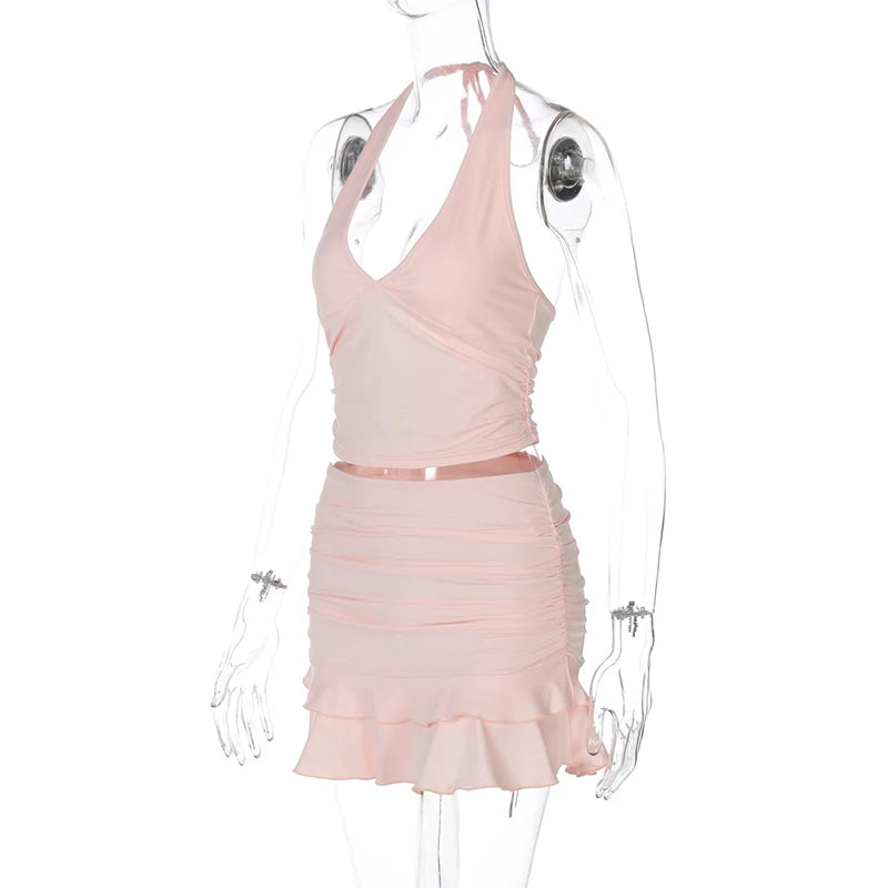 Sexy Solid Skirt Two Pieces Sets For Women Deep V-neck Neck-mounted Vest Tops And Short Skirt Sexy Two Pieces Sets