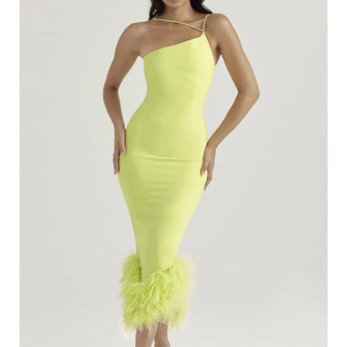 Load image into Gallery viewer, Elegant Spaghetti Strap Feather Midi Dress For Women Robe Fashion Sexy Backless Bodycon Club Party Dress Vestido
