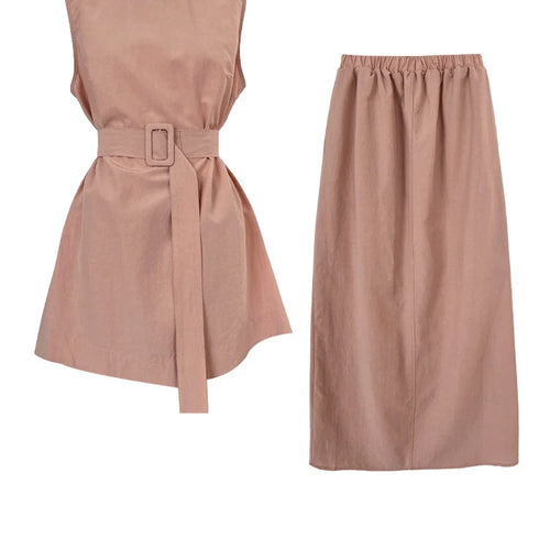 Load image into Gallery viewer, Green Belted Tank Top Half-body Skirt Two Pieces Suit New Round Neck Sleeveless Women Fashion Spring Autumn 2025 1DJ1111
