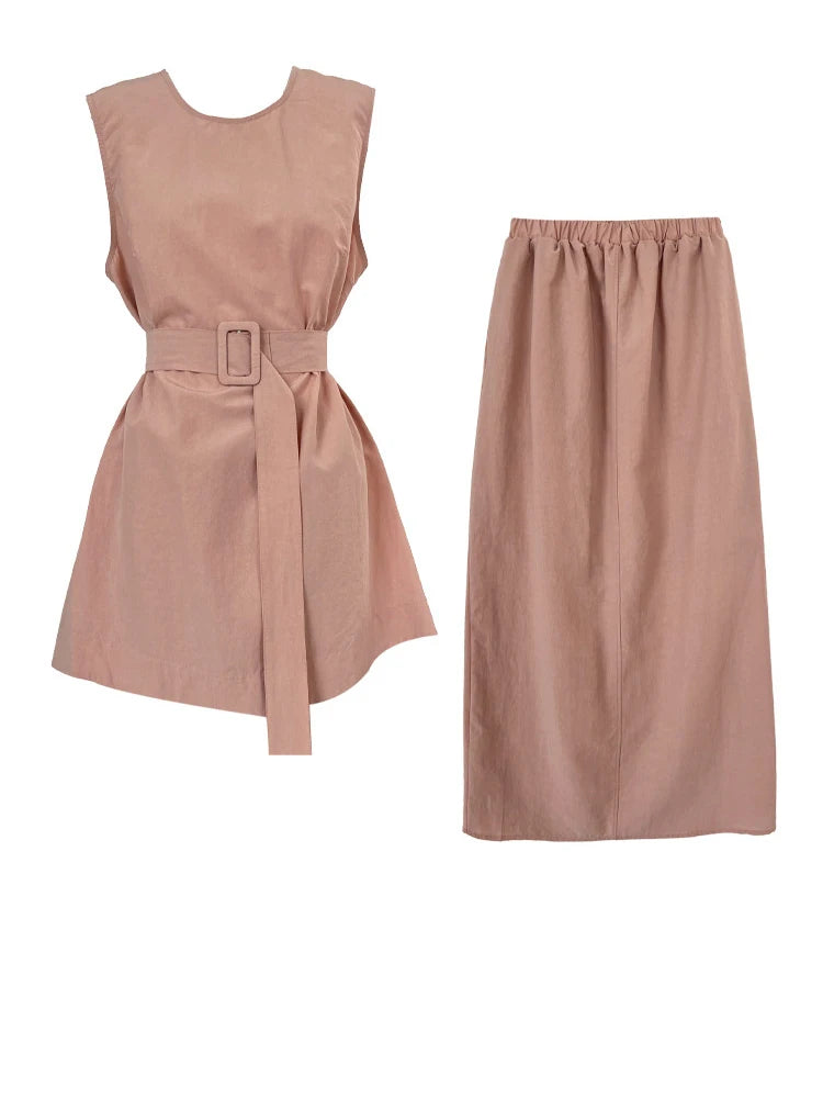 Green Belted Tank Top Half-body Skirt Two Pieces Suit New Round Neck Sleeveless Women Fashion Spring Autumn 2025 1DJ1111