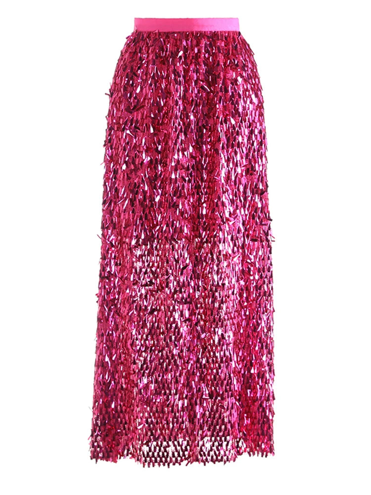 High Elastic Waist Khaki Sequins Shining Elegant Long Party Half-body Skirt Women Fashion New Spring Autumn 2025  1DJ1076