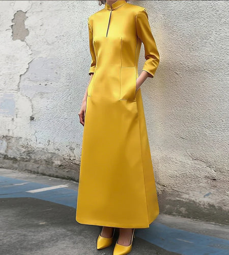 Yellow Urban Three-Quarter Sleeves Long  Dress Stand Collar Maxi Dresses Shirt Dress with Pocket for 2025 Autumn Spring