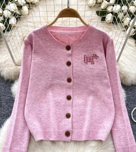 Women Ladies Fashion Embroidery Cardigans Tops Spring Autumn Y2k Vintage Round Neck Single Breasted Short Knitted Sweater Street