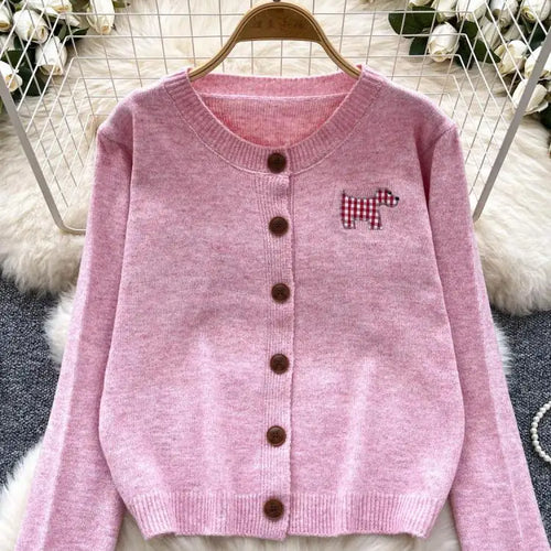 Load image into Gallery viewer, Women Ladies Fashion Embroidery Cardigans Tops Spring Autumn Y2k Vintage Round Neck Single Breasted Short Knitted Sweater Street
