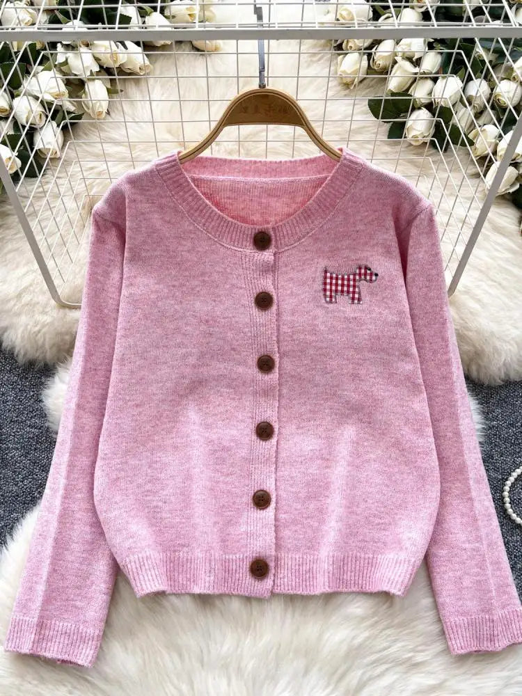 Women Ladies Fashion Embroidery Cardigans Tops Spring Autumn Y2k Vintage Round Neck Single Breasted Short Knitted Sweater Street