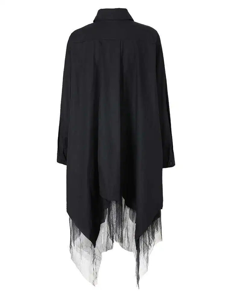Women Black Irregular Hem Big Size Shirt Dress New Lapel Long Sleeve Loose Fit Fashion Tide Spring Autumn 2025 1DE2485