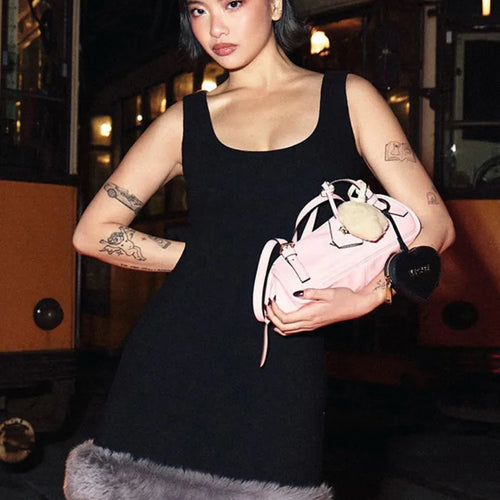 Load image into Gallery viewer, Patchwork Fur Hem Sexy Mini Dress Women Robe Fashion Black Summer New Sleeveless Backless Slim High Waist Sheath Dress
