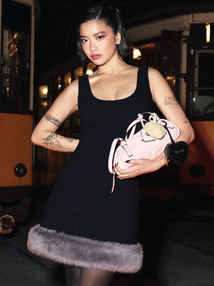 Patchwork Fur Hem Sexy Mini Dress Women Robe Fashion Black Summer New Sleeveless Backless Slim High Waist Sheath Dress
