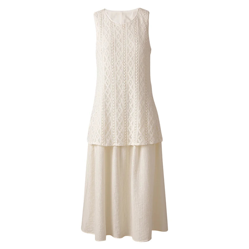 Women Beige Knitting Spliced Elegant Midi Vest Dress New Round Neck Sleeveless Fashion Tide Spring Summer 2025 CPG3068