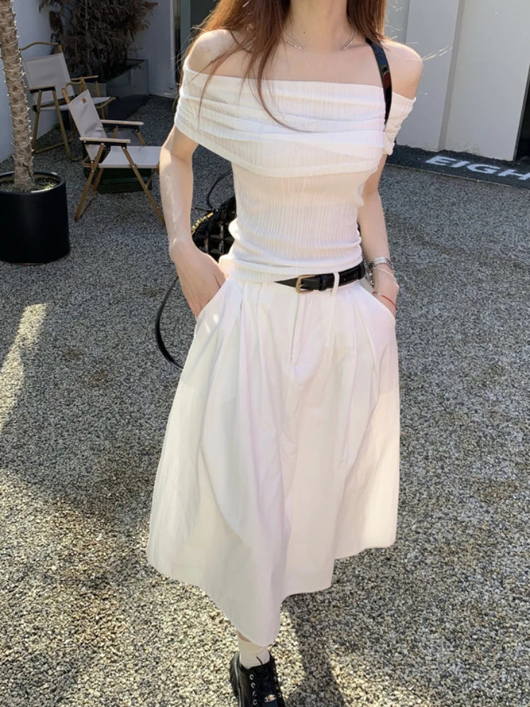 Slash Neck Short Sleeve Y2k Aesthetic T-Shirts Women Chic Off Shoulder Slim Tshirts Summer Fashion Casual Bottoming Tee Shirts