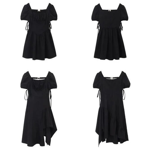Load image into Gallery viewer, Gothic Black Mini Dress Women Goth Bandage Wrap Puff Sleeve Riched Short Dresses Slim Sweet Square Collar Robe Summer
