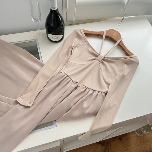 Load image into Gallery viewer, Autumn New Women Khaki Elegant Long Sleeve High Waist Pleated Dress Korean Backless Round Neck Halter Lace-up Dress Casual Trend
