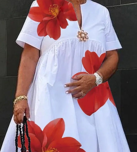 Women's Summer New Dress 2025 V-Neck Pleated Short Sleeves White Loose Flower Print Casual Midi Dresses for Woman